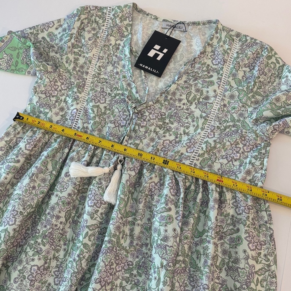 Hawalili Green & Lavender Floral Boho Midi Dress- size S oversized - Picture 12 of 16